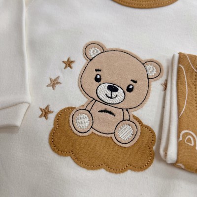 Conj. de Malha 3 peças - Bear Fofinho com Estrelinhas - Caramelo e Off White